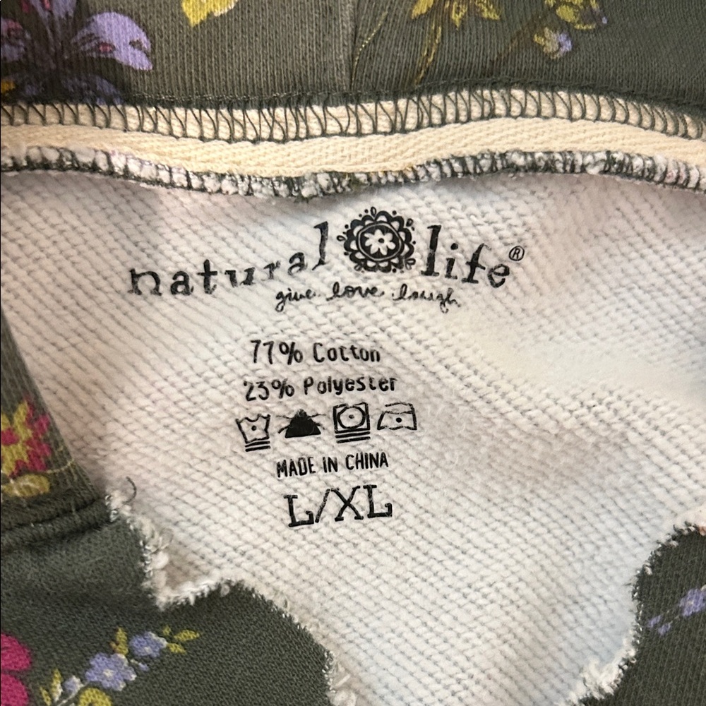 NATURAL LIFE Olive Floral Hooded Sweatshirt with Pink & Yellow Blooms- XL oversi - Picture 3 of 8